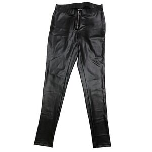 Denim 1982 Leggings Women's M Black Faux Leather Silver Front Zipper‎ NEW